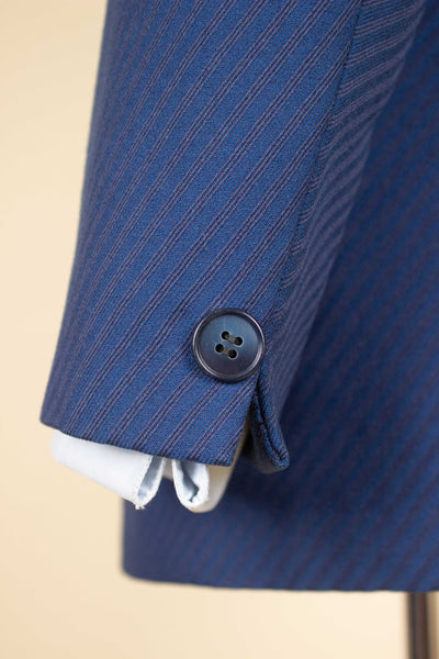 SWEDISH 1940S/1950S BLUE TWO PIECE SINGLE BREASTED SUIT WITH STRIPES BY FUNK. SIZE CA EU 46-48