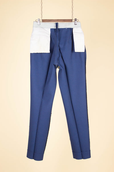 SWEDISH 1940S/1950S BLUE TWO PIECE SINGLE BREASTED SUIT WITH STRIPES BY FUNK. SIZE CA EU 46-48