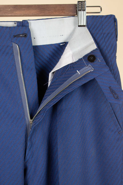 SWEDISH 1940S/1950S BLUE TWO PIECE SINGLE BREASTED SUIT WITH STRIPES BY FUNK. SIZE CA EU 46-48