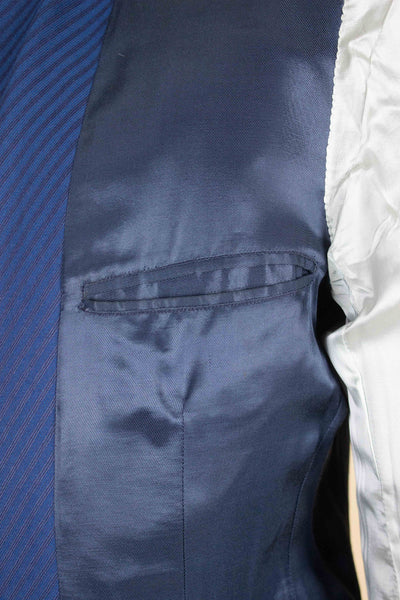 SWEDISH 1940S/1950S BLUE TWO PIECE SINGLE BREASTED SUIT WITH STRIPES BY FUNK. SIZE CA EU 46-48