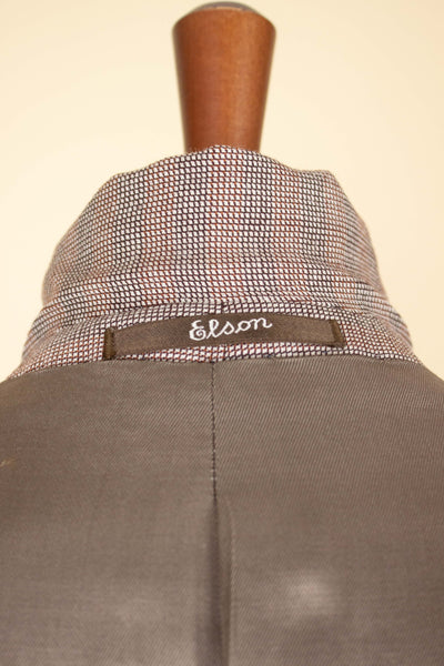 SWEDISH 1940S BROWN STRIPED TWO PIECE DEADSTOCK SINGLE BREASTED SUIT BY ELSON. SIZE CA EU 46