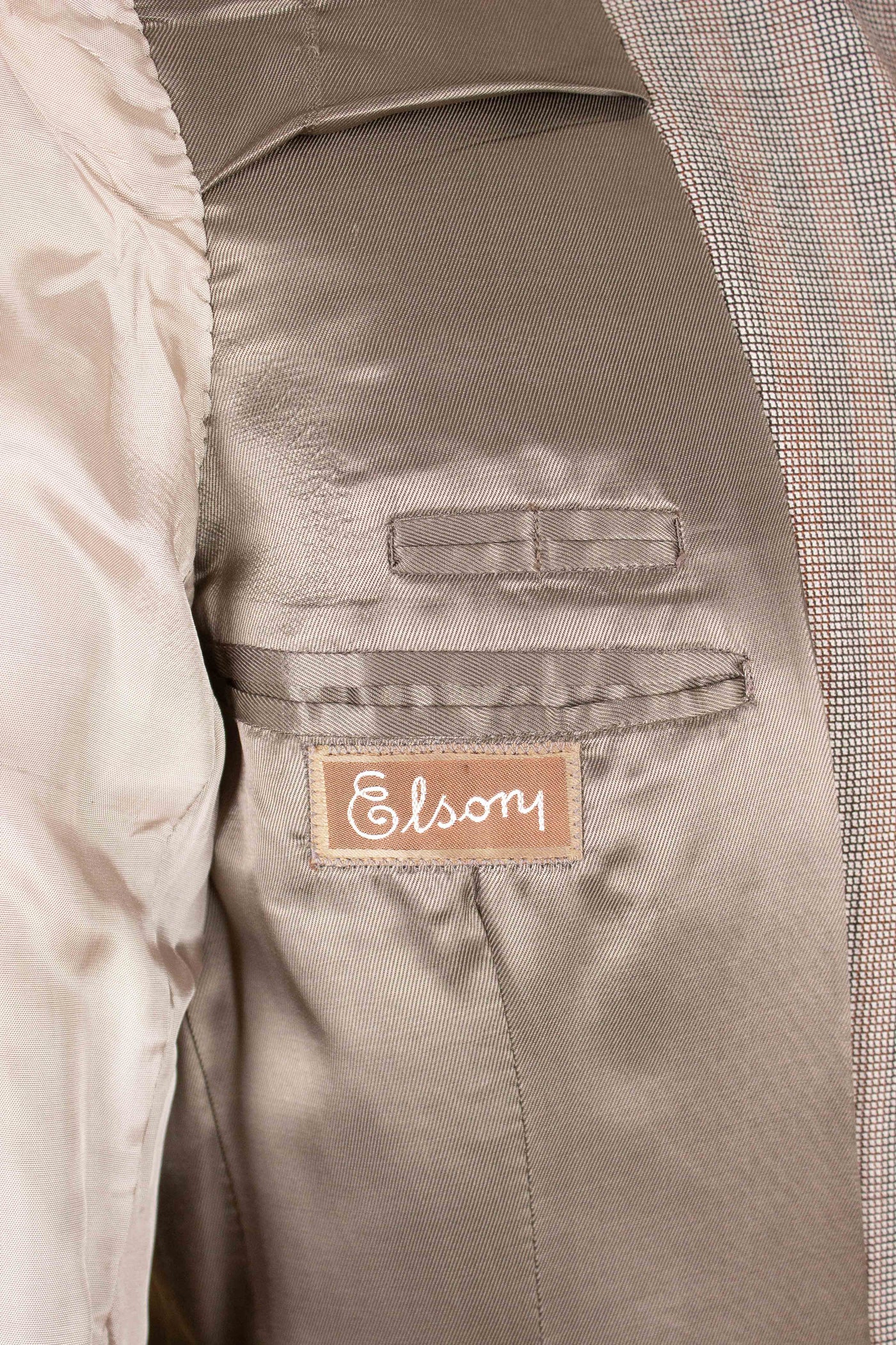 SWEDISH 1940S BROWN STRIPED TWO PIECE DEADSTOCK SINGLE BREASTED SUIT BY ELSON. SIZE CA EU 46