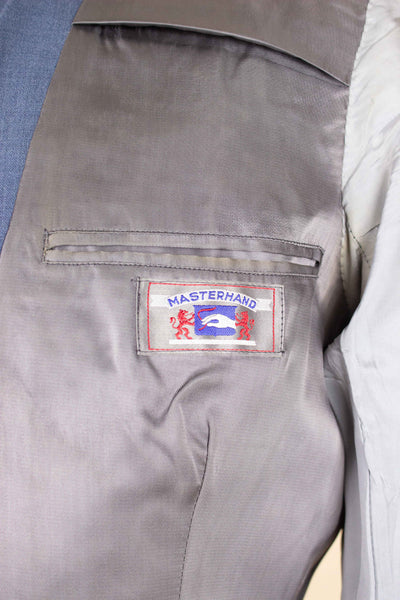 SWEDISH 1940S/1950S LIGHT BLUE TWO PIECE SINGLE BREASTED SUIT BY MASTERHAND. SIZE CA EU 46-48
