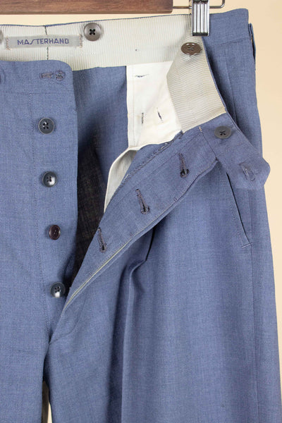 SWEDISH 1940S/1950S LIGHT BLUE TWO PIECE SINGLE BREASTED SUIT BY MASTERHAND. SIZE CA EU 46-48
