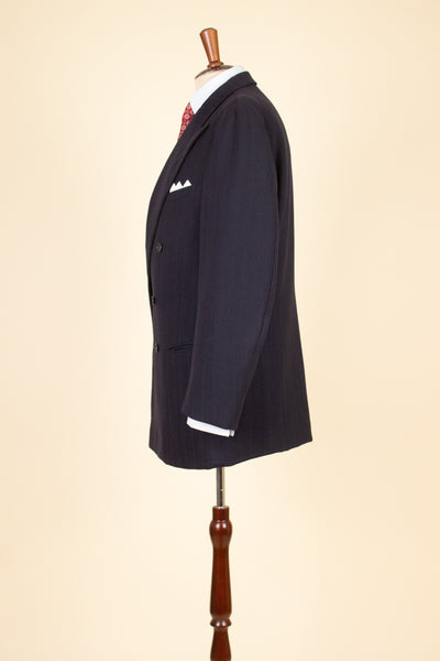 SWEDISH 1942 DARK BLUE STRIPED THREE PIECE BESPOKE SUIT BY STRÖMS. SIZE CA EU 52-54