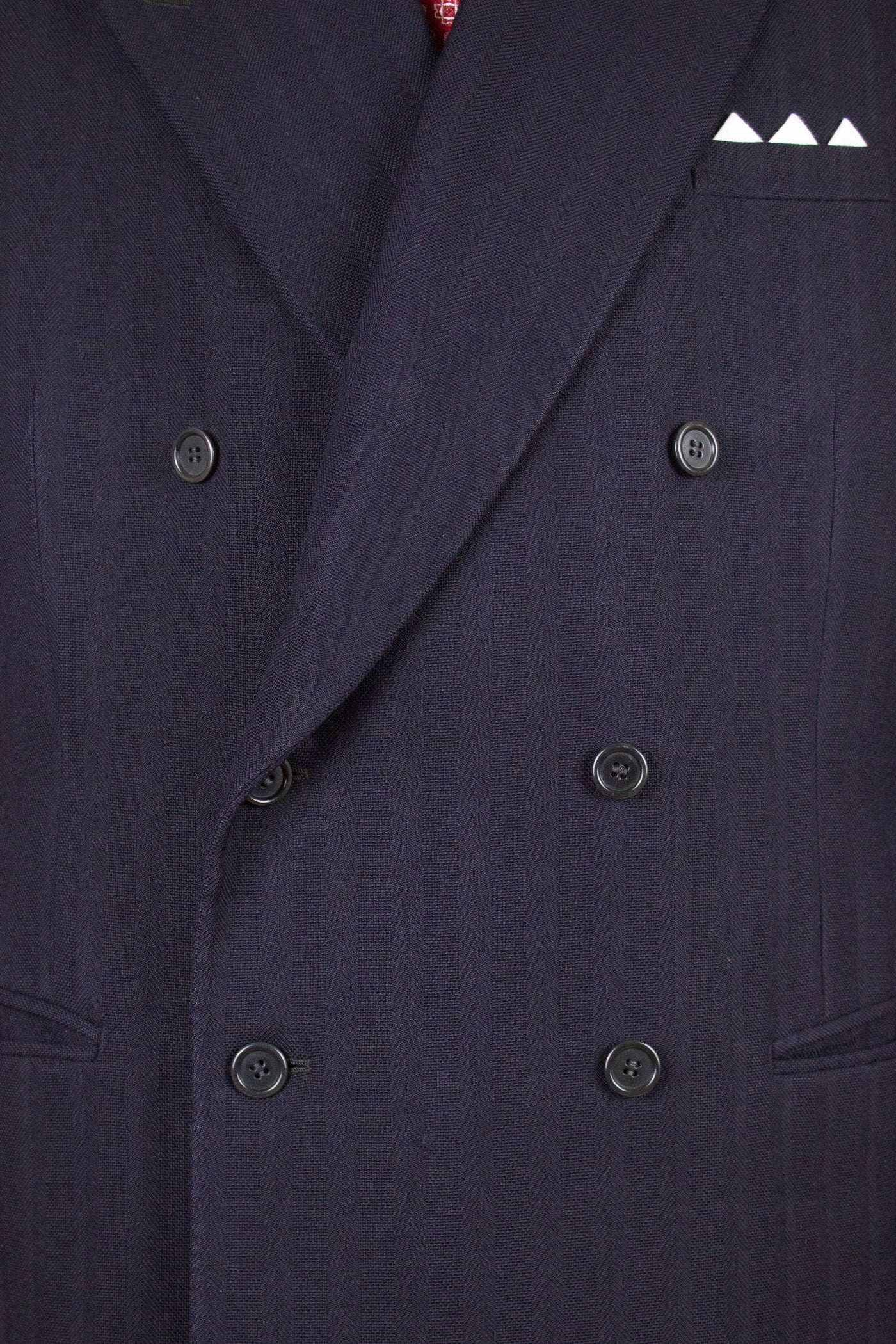 SWEDISH 1942 DARK BLUE STRIPED THREE PIECE BESPOKE SUIT BY STRÖMS. SIZE CA EU 52-54