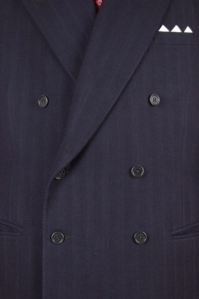 SWEDISH 1942 DARK BLUE STRIPED THREE PIECE BESPOKE SUIT BY STRÖMS. SIZE CA EU 52-54