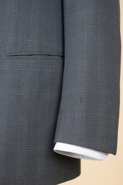 SWEDISH 1950S BLUE-GREEN CHECKERED TWO PIECE SUIT BY ESSGE. SIZE CA EU 50 LONG