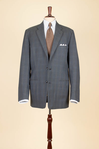 SWEDISH 1950S BLUE-GREEN CHECKERED TWO PIECE SUIT BY ESSGE. SIZE CA EU 50 LONG