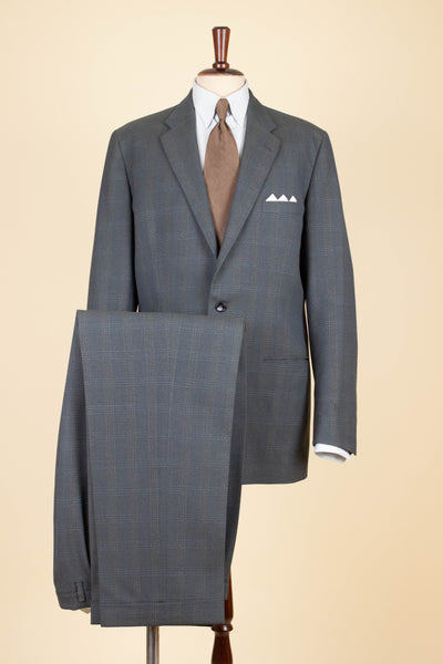 SWEDISH 1950S BLUE-GREEN CHECKERED TWO PIECE SUIT BY ESSGE. SIZE CA EU 50 LONG