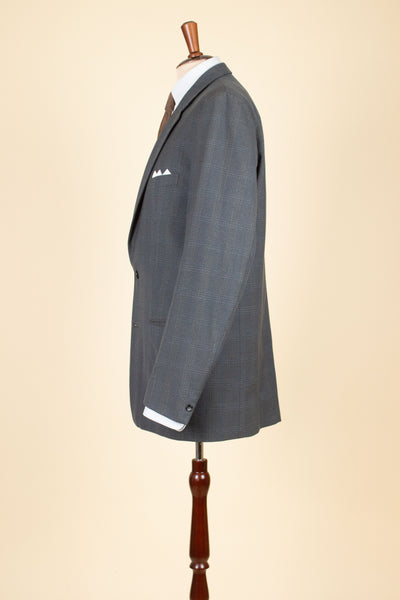 SWEDISH 1950S BLUE-GREEN CHECKERED TWO PIECE SUIT BY ESSGE. SIZE CA EU 50 LONG