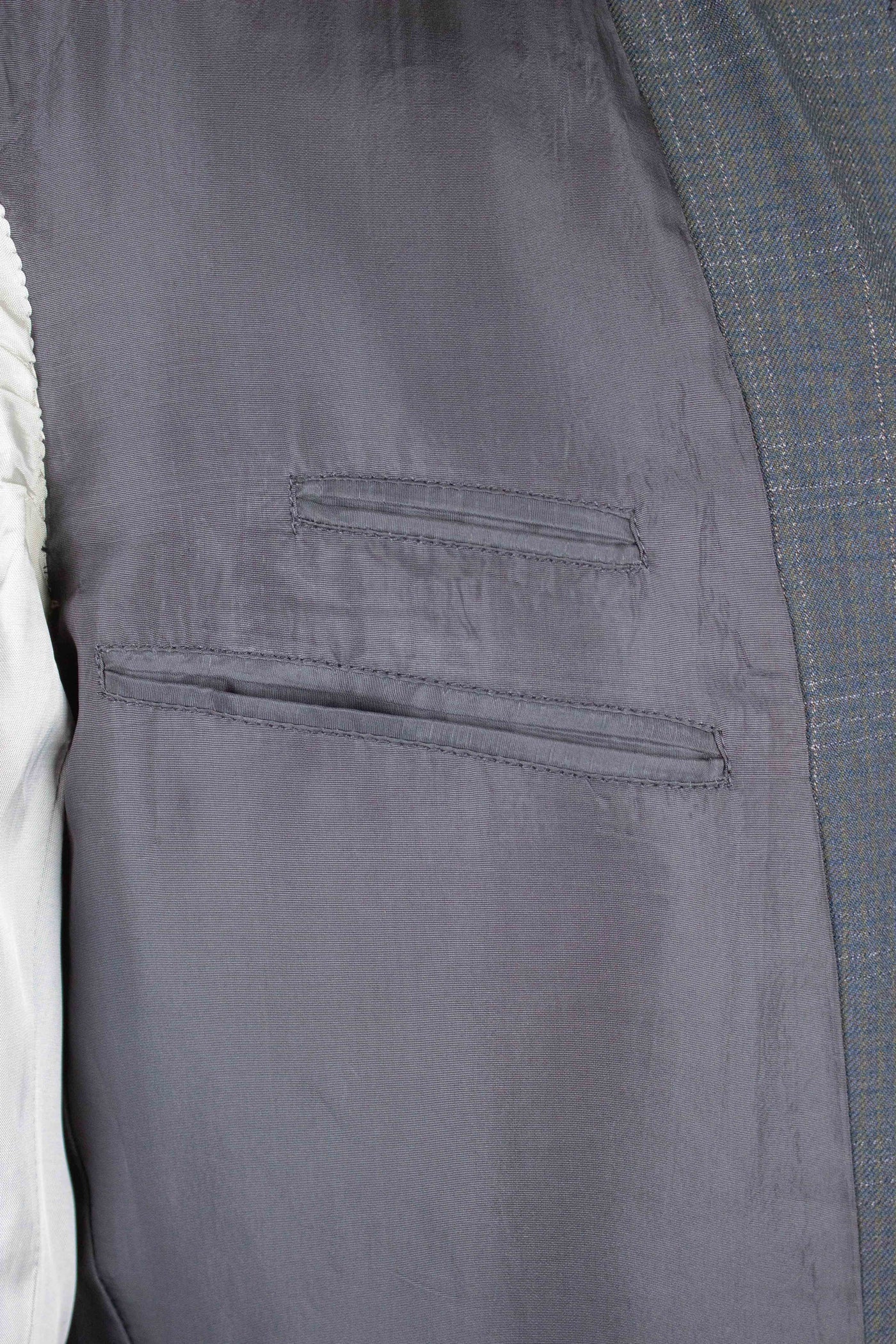 SWEDISH 1950S BLUE-GREEN CHECKERED TWO PIECE SUIT BY ESSGE. SIZE CA EU 50 LONG
