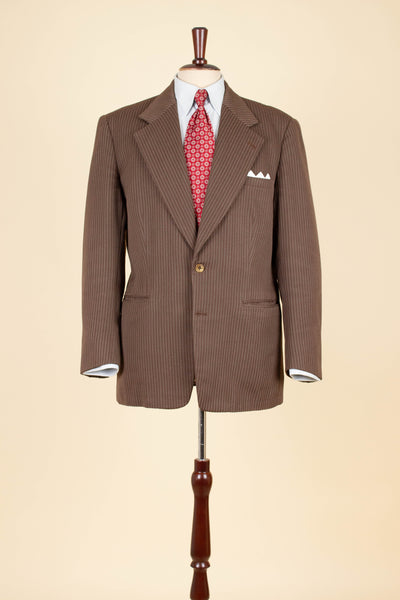 SWEDISH 1940S BROWN STRIPED SINGLE BREASTED SUIT BY ÖRNKLÄDER. SIZE CA EU 46-48