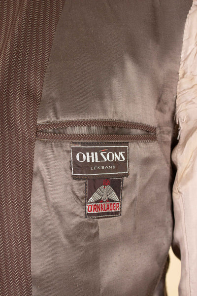 SWEDISH 1940S BROWN STRIPED SINGLE BREASTED SUIT BY ÖRNKLÄDER. SIZE CA EU 46-48