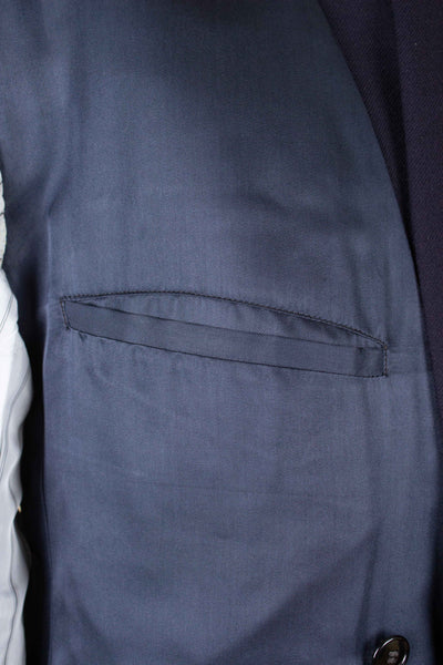 SWEDISH 1940S/1950S NAVY BLUE THREE PIECE DOUBLE BREASTED BESPOKE SUIT BY UNKNOWN MAKER. SIZE CA EU 50