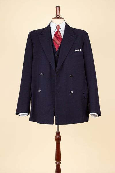 SWEDISH 1940S/1950S NAVY BLUE THREE PIECE DOUBLE BREASTED BESPOKE SUIT BY UNKNOWN MAKER. SIZE CA EU 50