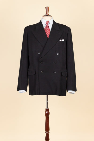 SWEDISH 1930S/1940S BLACK TWO PIECE DOUBLE BREASTED BESPOKE SUIT. SIZE CA EU 52-54