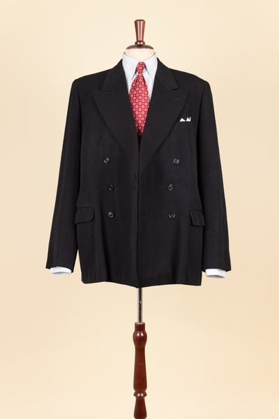 SWEDISH 1930S/1940S BLACK TWO PIECE DOUBLE BREASTED BESPOKE SUIT. SIZE CA EU 52-54