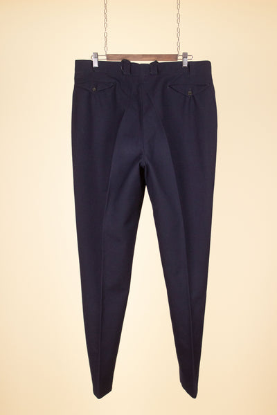 SWEDISH 1940S DARK BLUE SINGLE PLEATED TROUSERS WITH BUTTONS FOR BRACES. SIZE CA EU 52