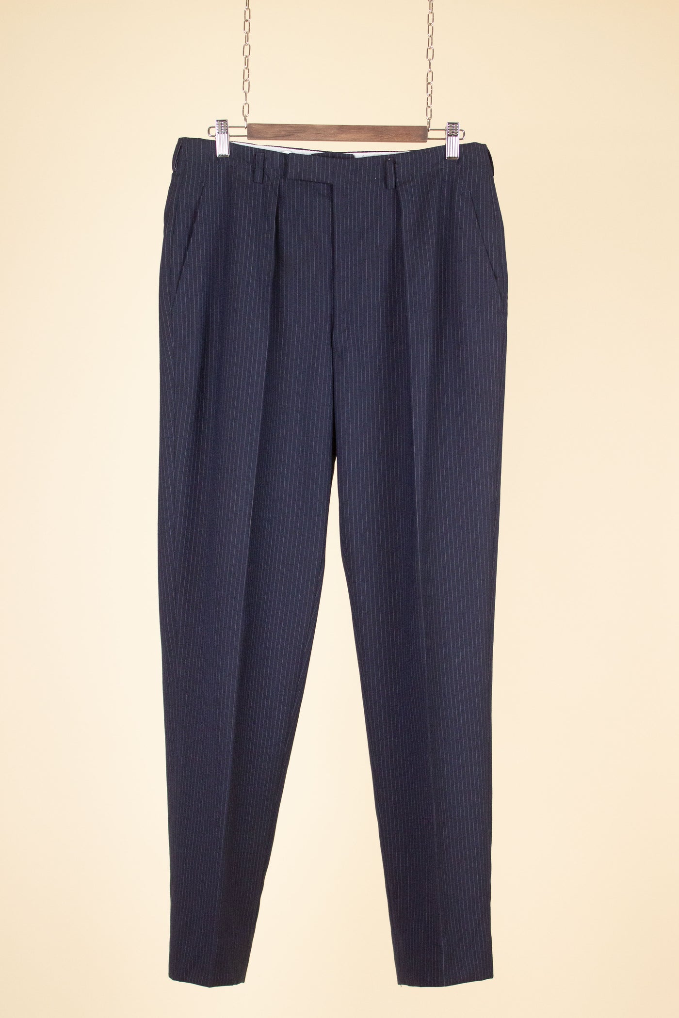 SWEDISH 1950S DARK BLUE PINSTRIPE TROUSERS. SIZE CA EU 48-50