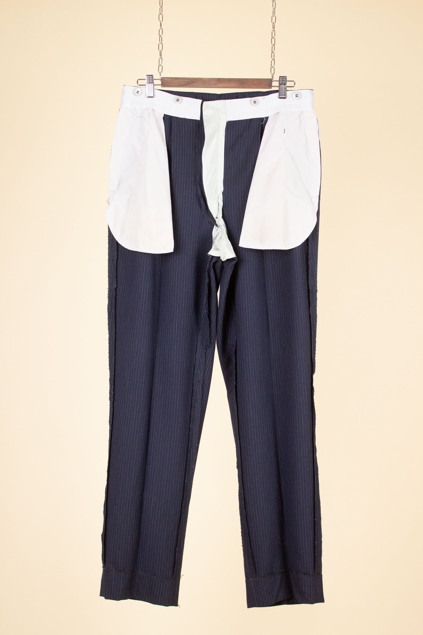 SWEDISH 1950S DARK BLUE PINSTRIPE TROUSERS. SIZE CA EU 48-50