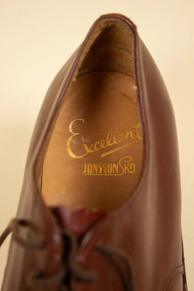 SWEDISH 1940S/1950S BROWN DERBY SHOES BY JONSSONS SKO. SIZE EU 41 (US 8/UK 7.5)