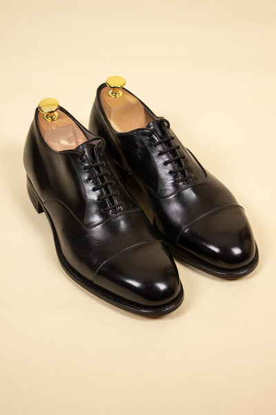 SWEDISH 1940S/1950S BLACK OXFORD DEADSTOCK SHOES BY ENGELBREKT. SIZE CA EU 41-42