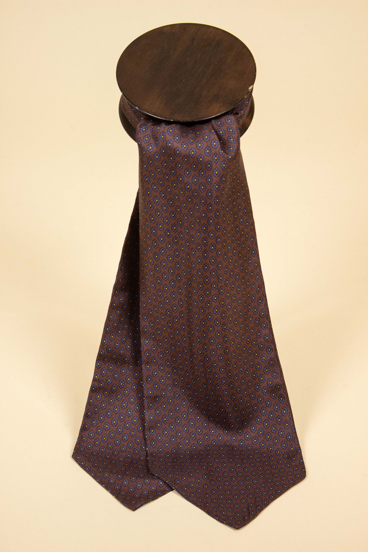 ITALIAN BROWN/BLUE/YELLOW 100% SILK ASCOT TIE