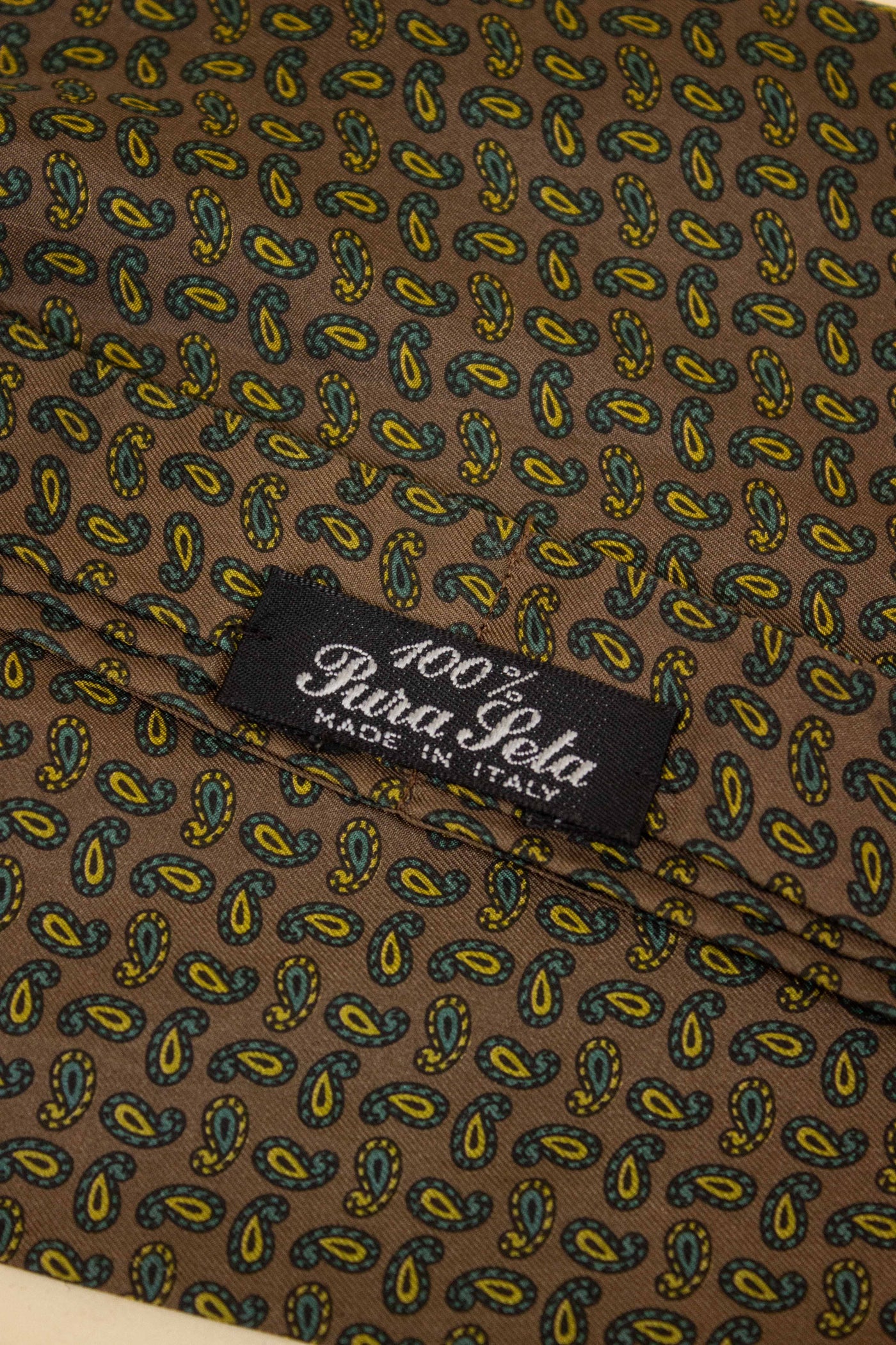 ITALIAN BROWN/GREEN/YELLOW PAISLEY 100% SILK ASCOT TIE
