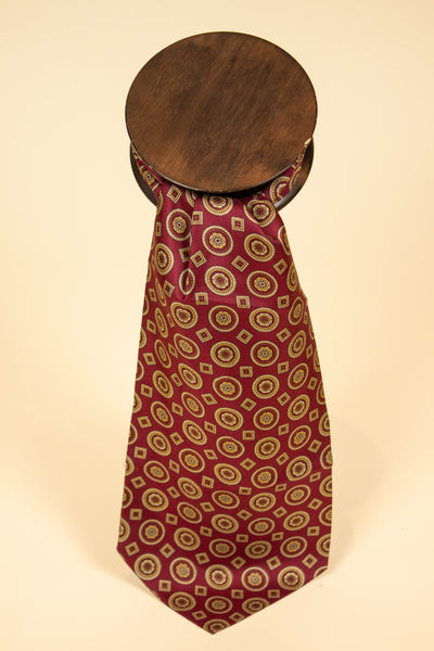 ITALIAN 100% SILK BURGUNDY ASCOT TIE WITH BEIGE PATTERN
