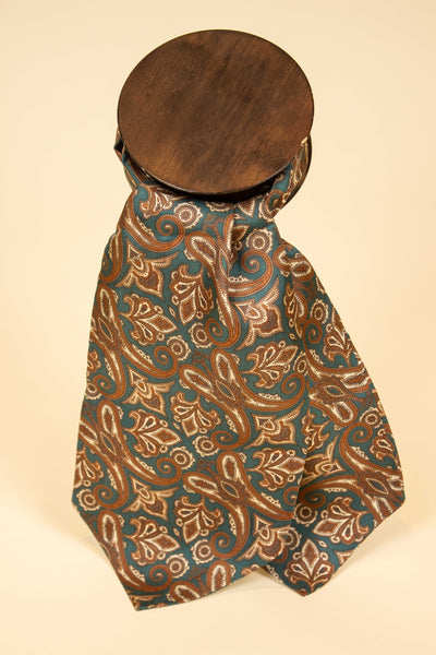 ITALIAN 100% SILK EMERALD GREEN ASCOT TIE WITH BEIGE AND ORANGE PAISLEY PATTERN
