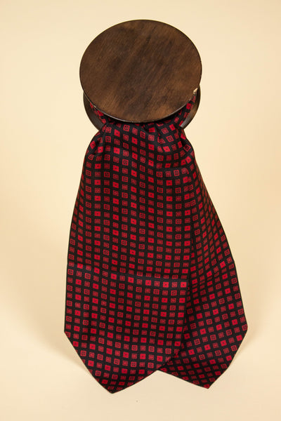 ITALIAN 100% SILK BLACK ASCOT TIE WITH RED PATTERN