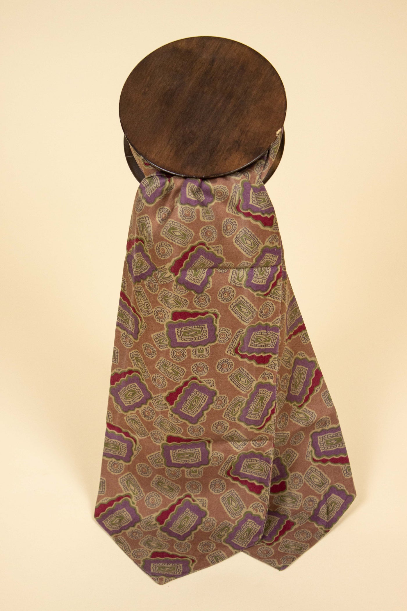 ITALIAN 100% SILK LIGHT BROWN ASCOT TIE WITH A PURPLE, RED AND GREEN PATTERN