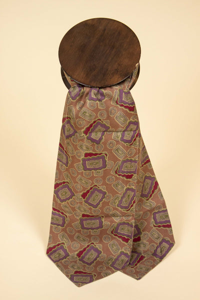 ITALIAN 100% SILK LIGHT BROWN ASCOT TIE WITH A PURPLE, RED AND GREEN PATTERN