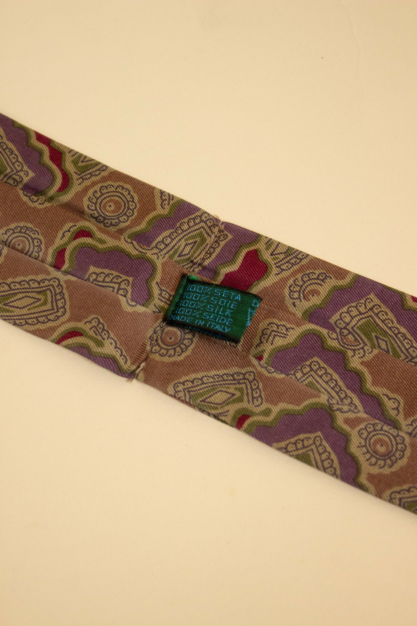 ITALIAN 100% SILK LIGHT BROWN ASCOT TIE WITH A PURPLE, RED AND GREEN PATTERN