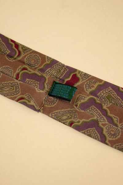 ITALIAN 100% SILK LIGHT BROWN ASCOT TIE WITH A PURPLE, RED AND GREEN PATTERN