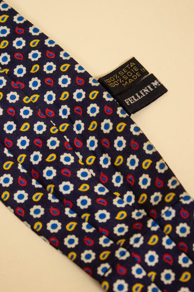 ITALIAN 100%SILK DARK BLUE ASCOT TIE WITH SMALL YELLOW, WHITE, RED AND BLUE PAISLEY PATTERN