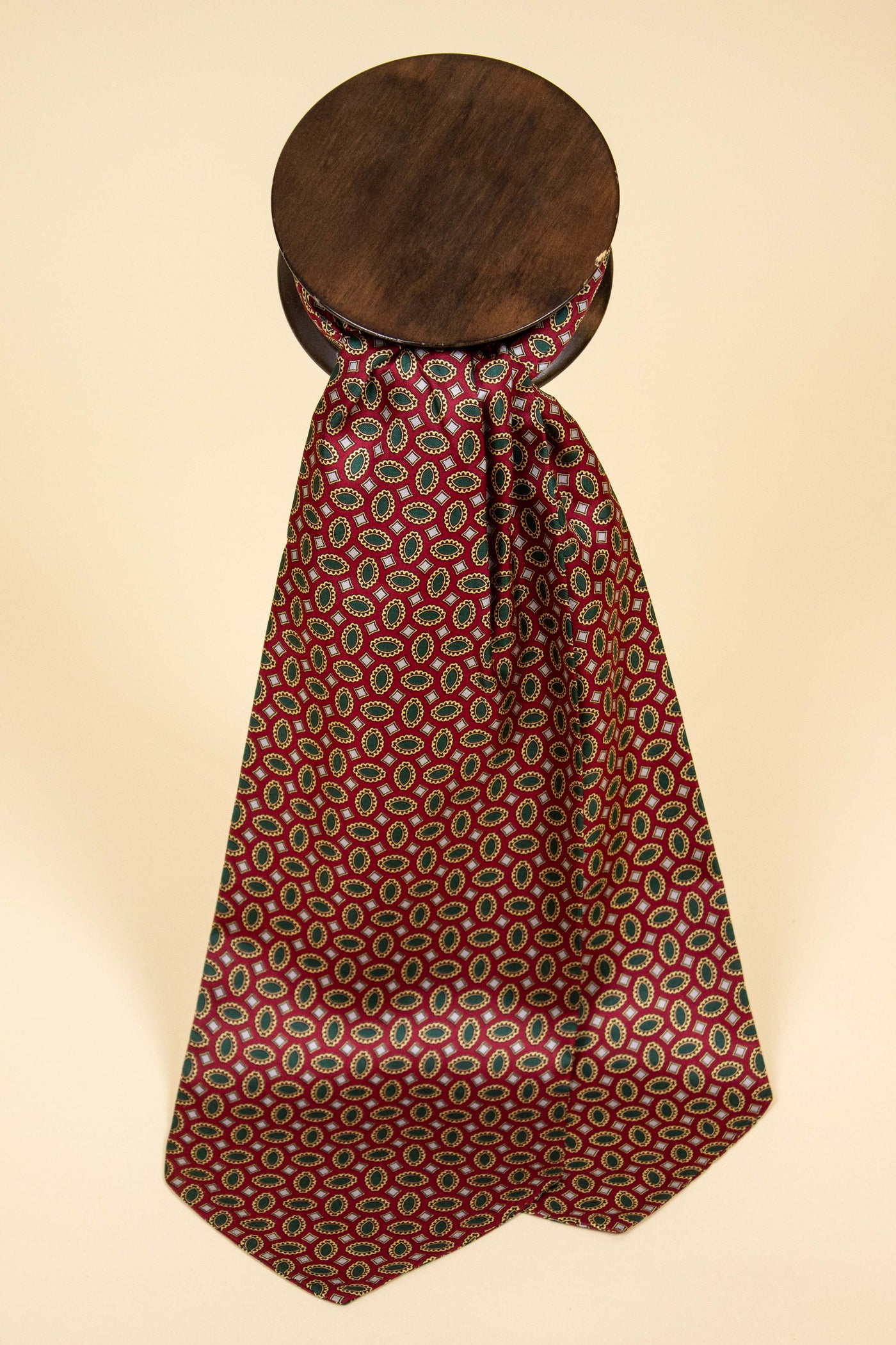 ITALIAN 100% SILK RED ASCOT TIE WITH GREEN, GREY AND BEIGE PATTERN