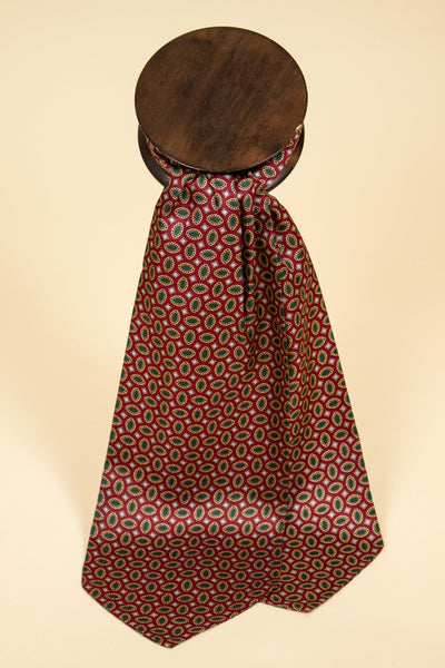 ITALIAN 100% SILK RED ASCOT TIE WITH GREEN, GREY AND BEIGE PATTERN