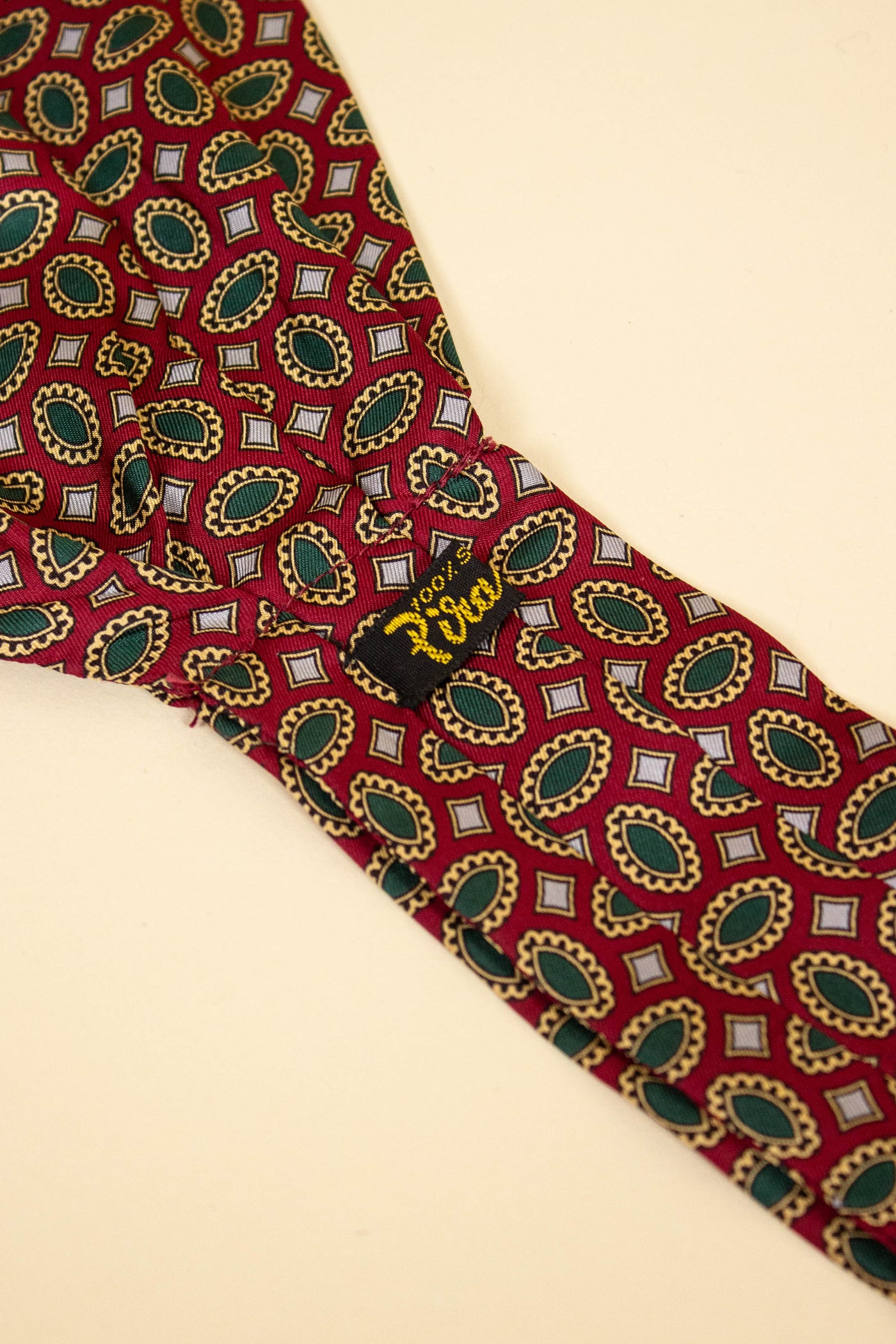 ITALIAN 100% SILK RED ASCOT TIE WITH GREEN, GREY AND BEIGE PATTERN
