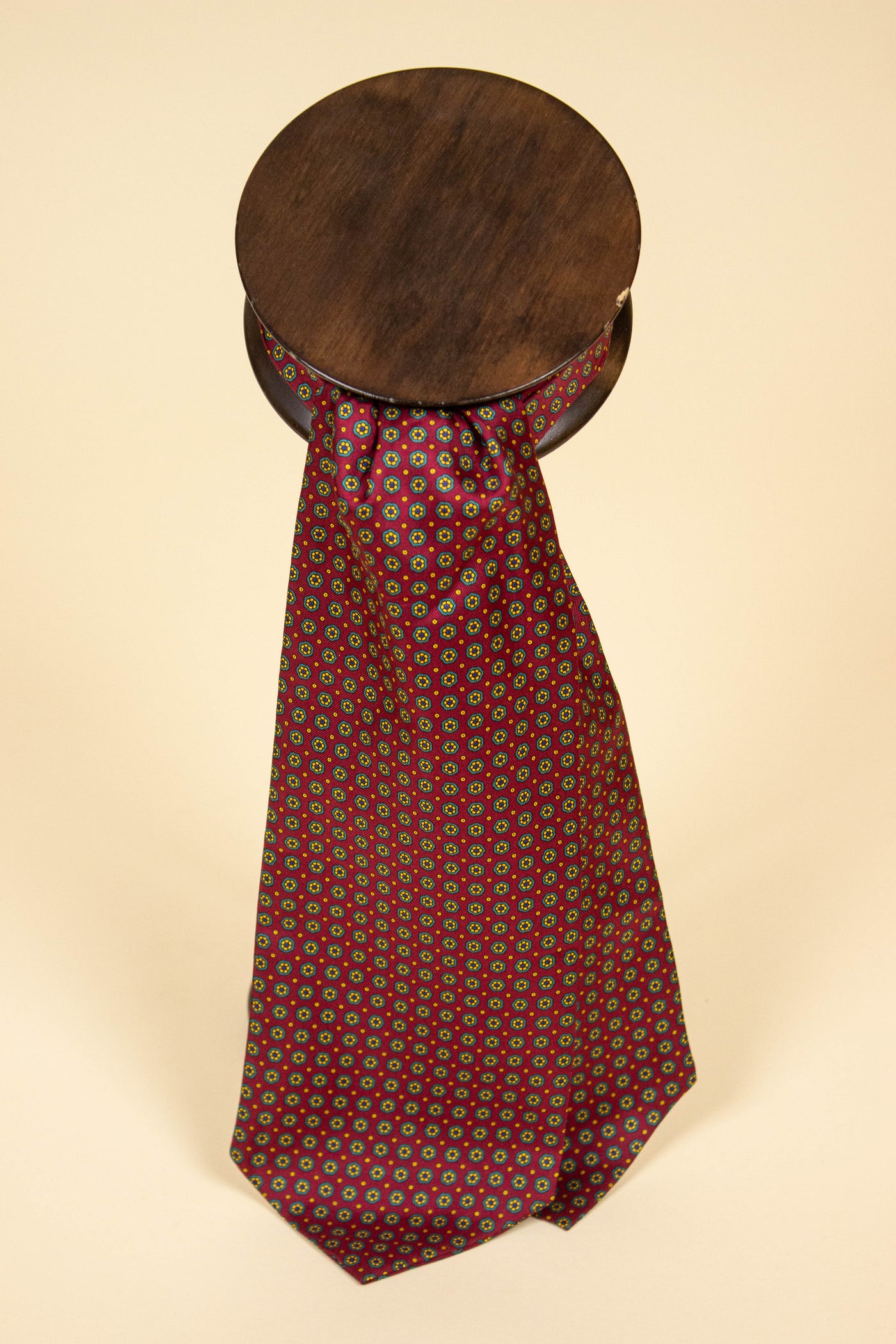 ITALIAN 100% SILK RED ASCOT TIE WITH SMALL YELLOW AND GREEN FLOWER PATTERN