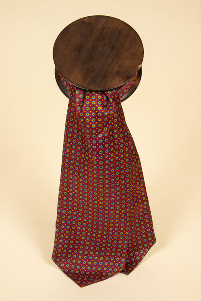 ITALIAN 100% SILK RED ASCOT TIE WITH SMALL YELLOW AND GREEN FLOWER PATTERN