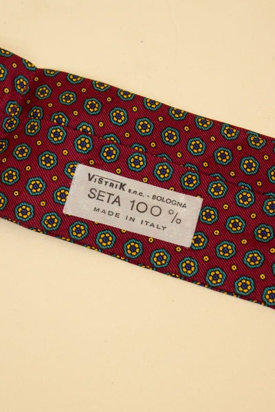 ITALIAN 100% SILK RED ASCOT TIE WITH SMALL YELLOW AND GREEN FLOWER PATTERN