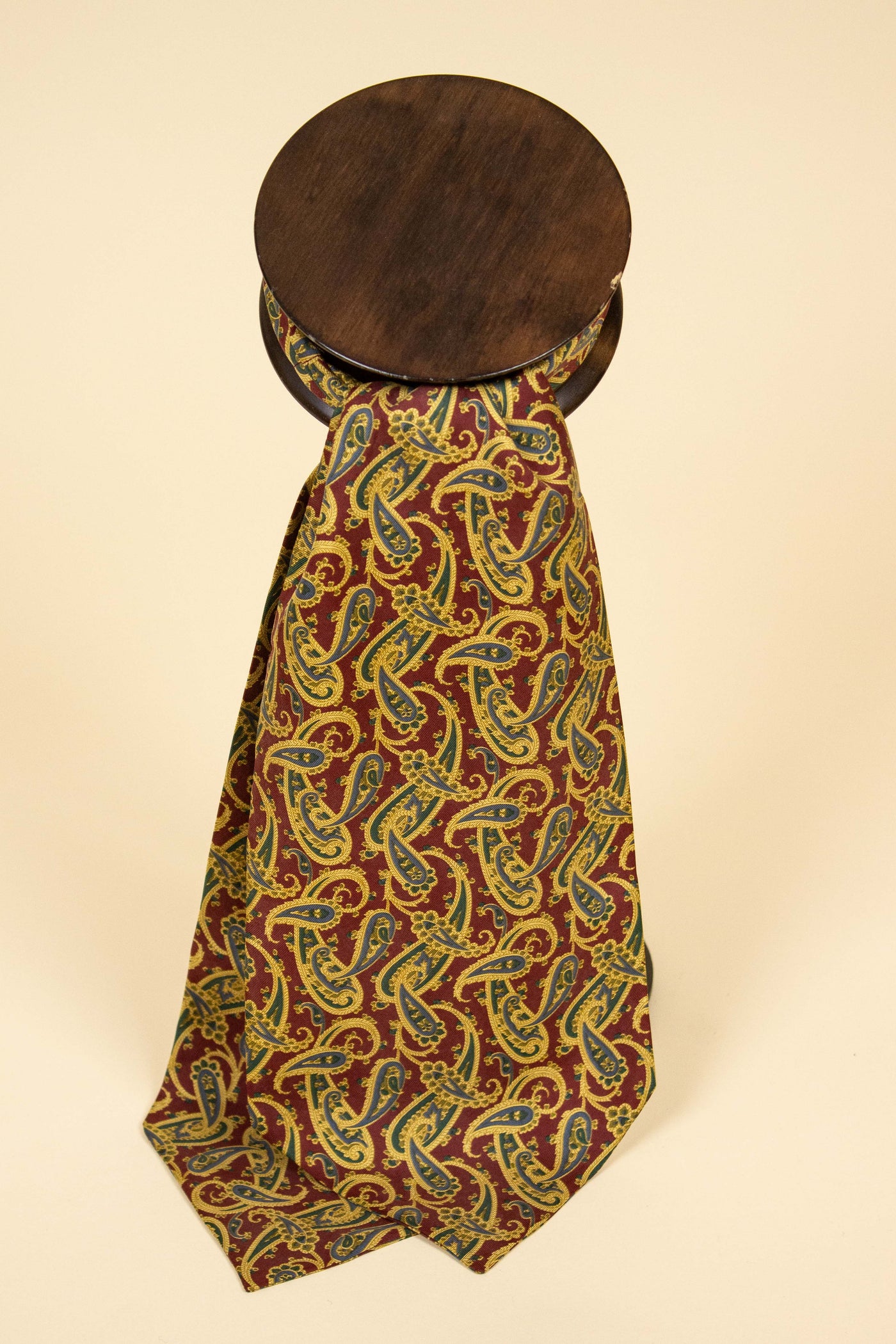 GERMAN 100% SILK RED ASCOT TIE WITH GREEN, BLUE AND YELLOW PAISLEY PATTERN