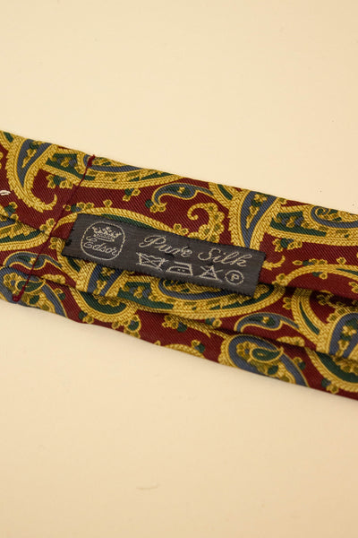 GERMAN 100% SILK RED ASCOT TIE WITH GREEN, BLUE AND YELLOW PAISLEY PATTERN