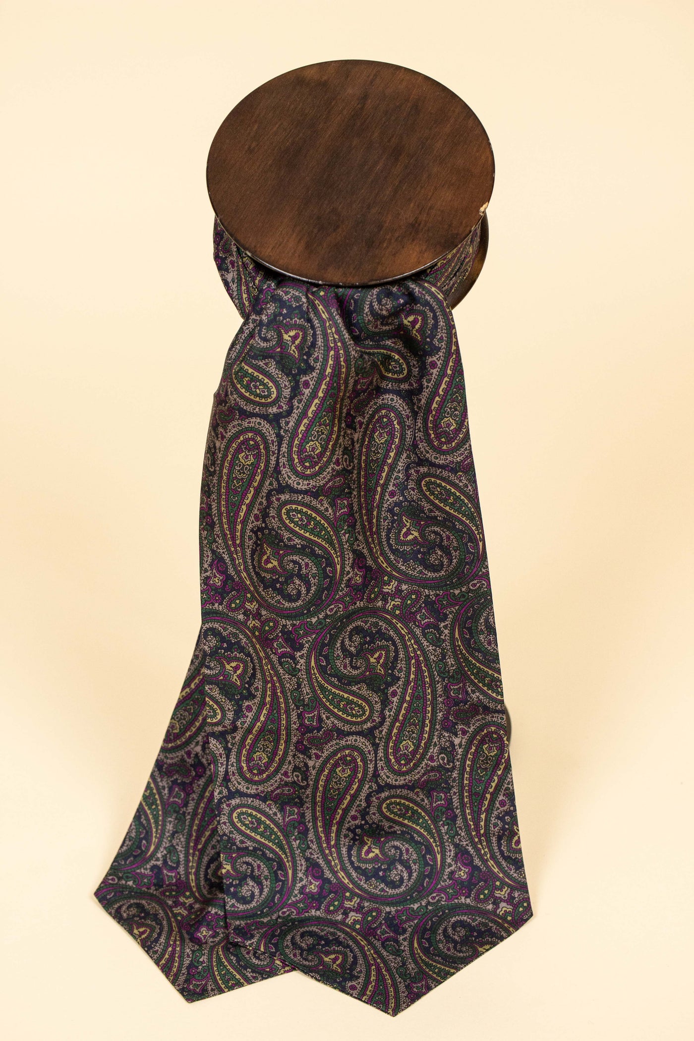 BRITISH 100% SILK DARK BLUE ASCOT TIE WITH PINK, GREEN AND CREAM PAISLEY PATTERN