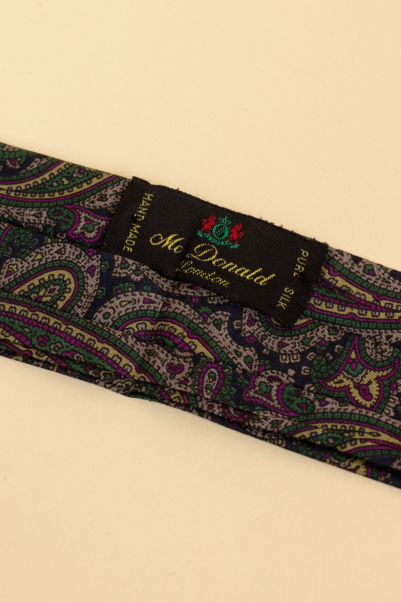 BRITISH 100% SILK DARK BLUE ASCOT TIE WITH PINK, GREEN AND CREAM PAISLEY PATTERN