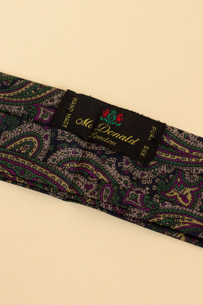 BRITISH 100% SILK DARK BLUE ASCOT TIE WITH PINK, GREEN AND CREAM PAISLEY PATTERN