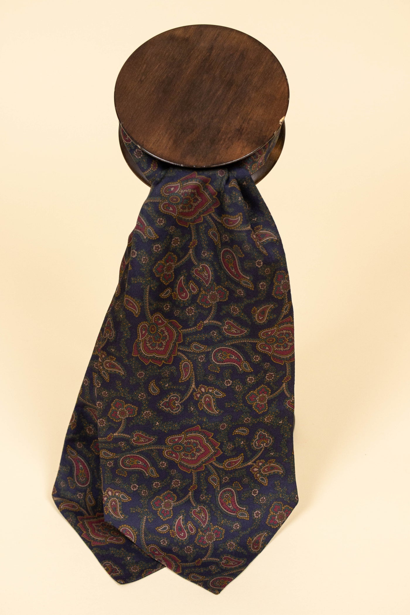 ITALIAN 100% SILK DARK BLUE ASCOT TIE WITH RED, GREEN AND YELLOW PAISLEY PATTERN