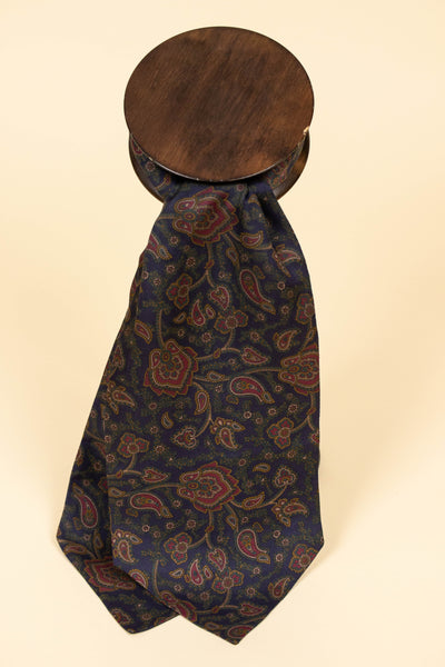 ITALIAN 100% SILK DARK BLUE ASCOT TIE WITH RED, GREEN AND YELLOW PAISLEY PATTERN